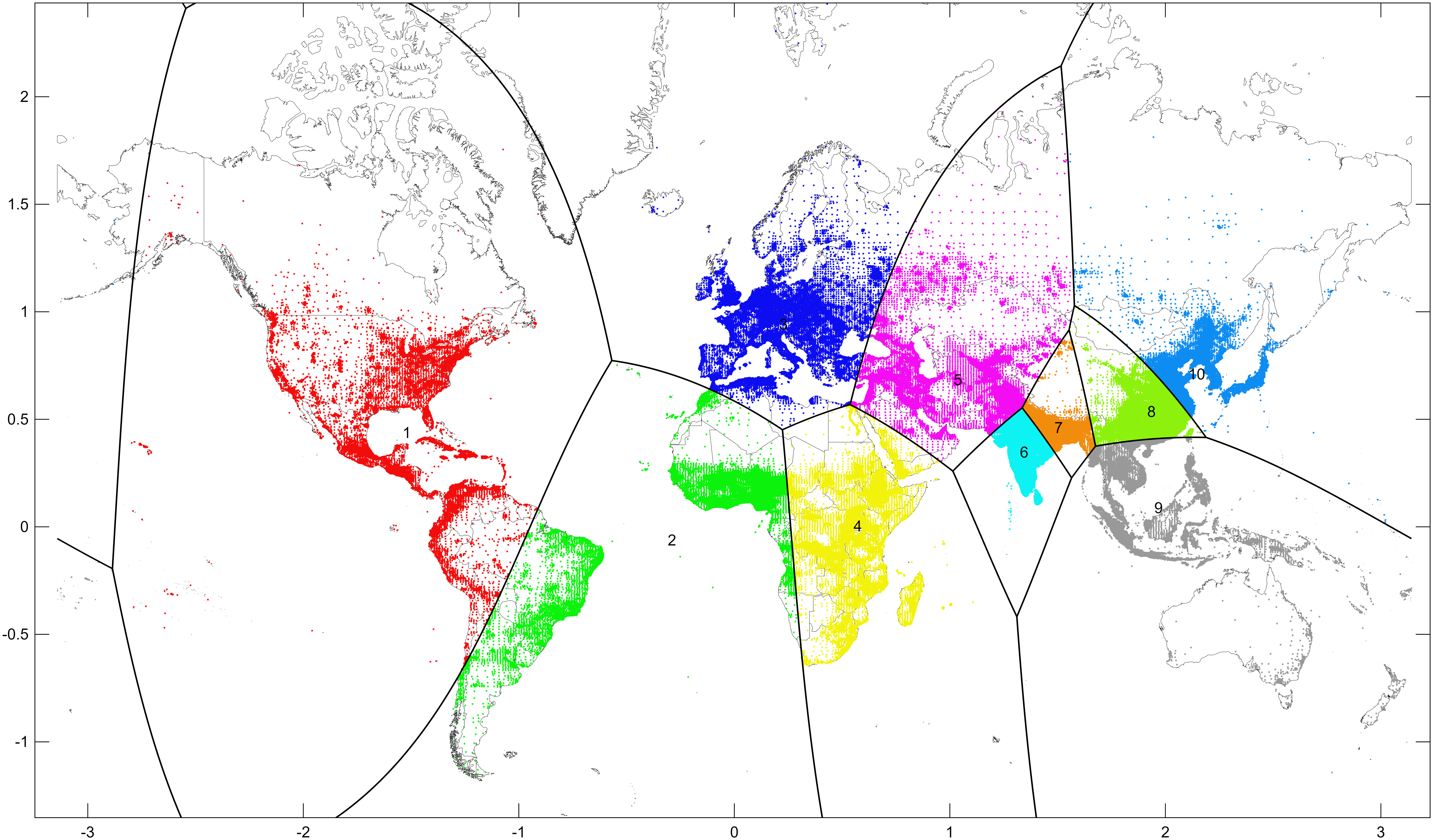 World divided into 10 equal-population convex regions