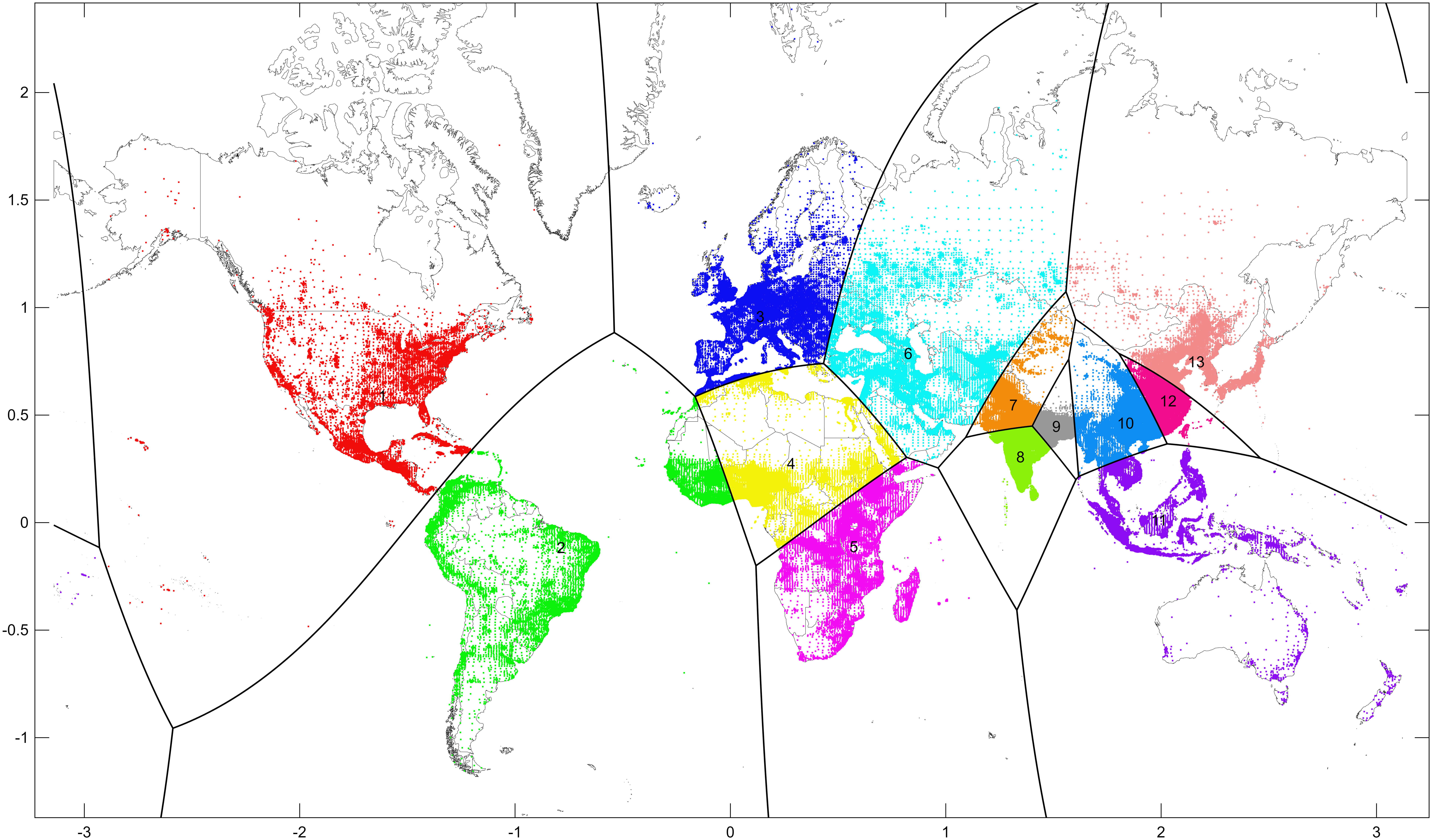 World divided into 13 equal-population convex regions