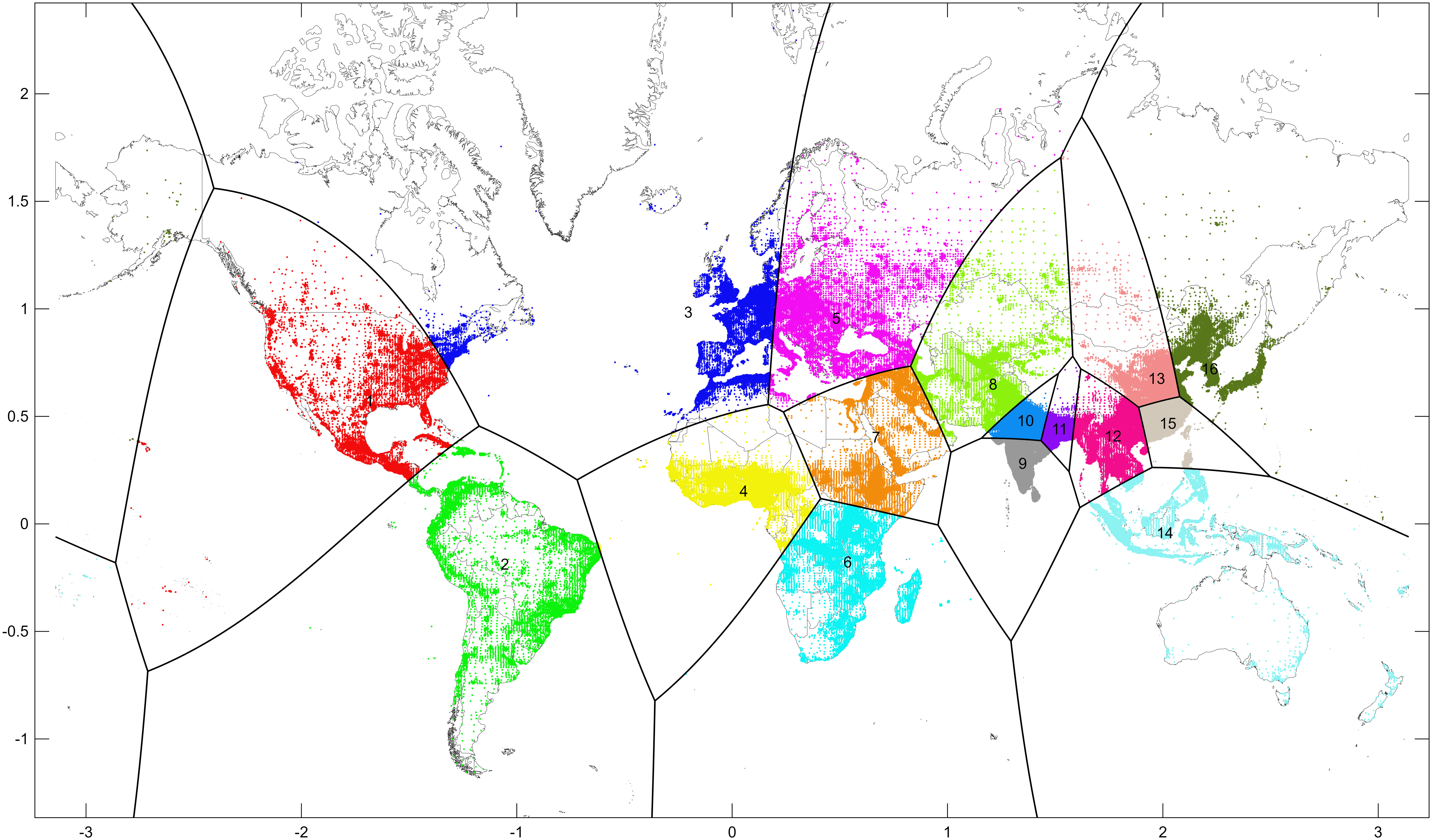 World divided into 16 equal-population convex regions