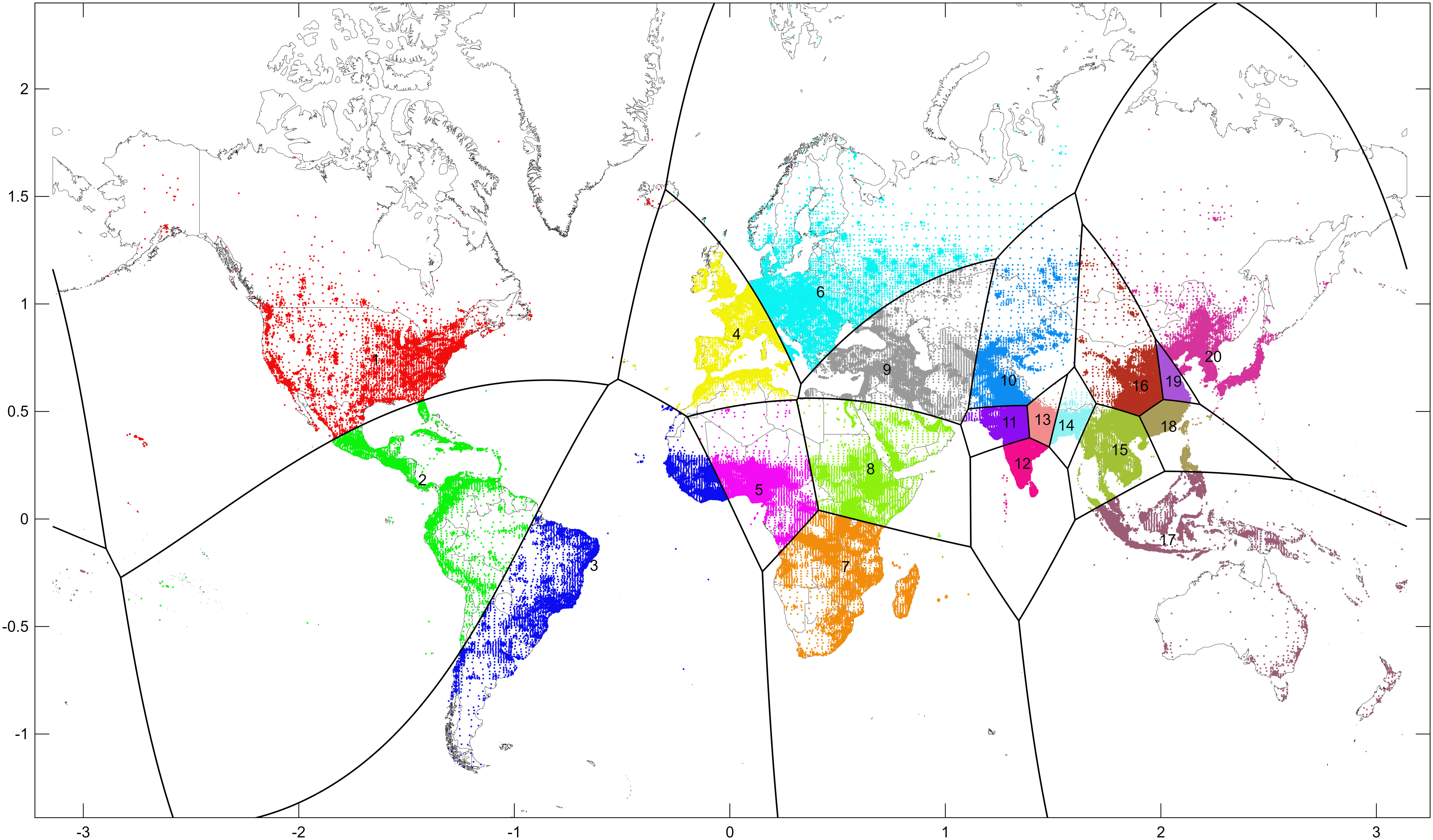 World divided into 20 equal-population convex regions