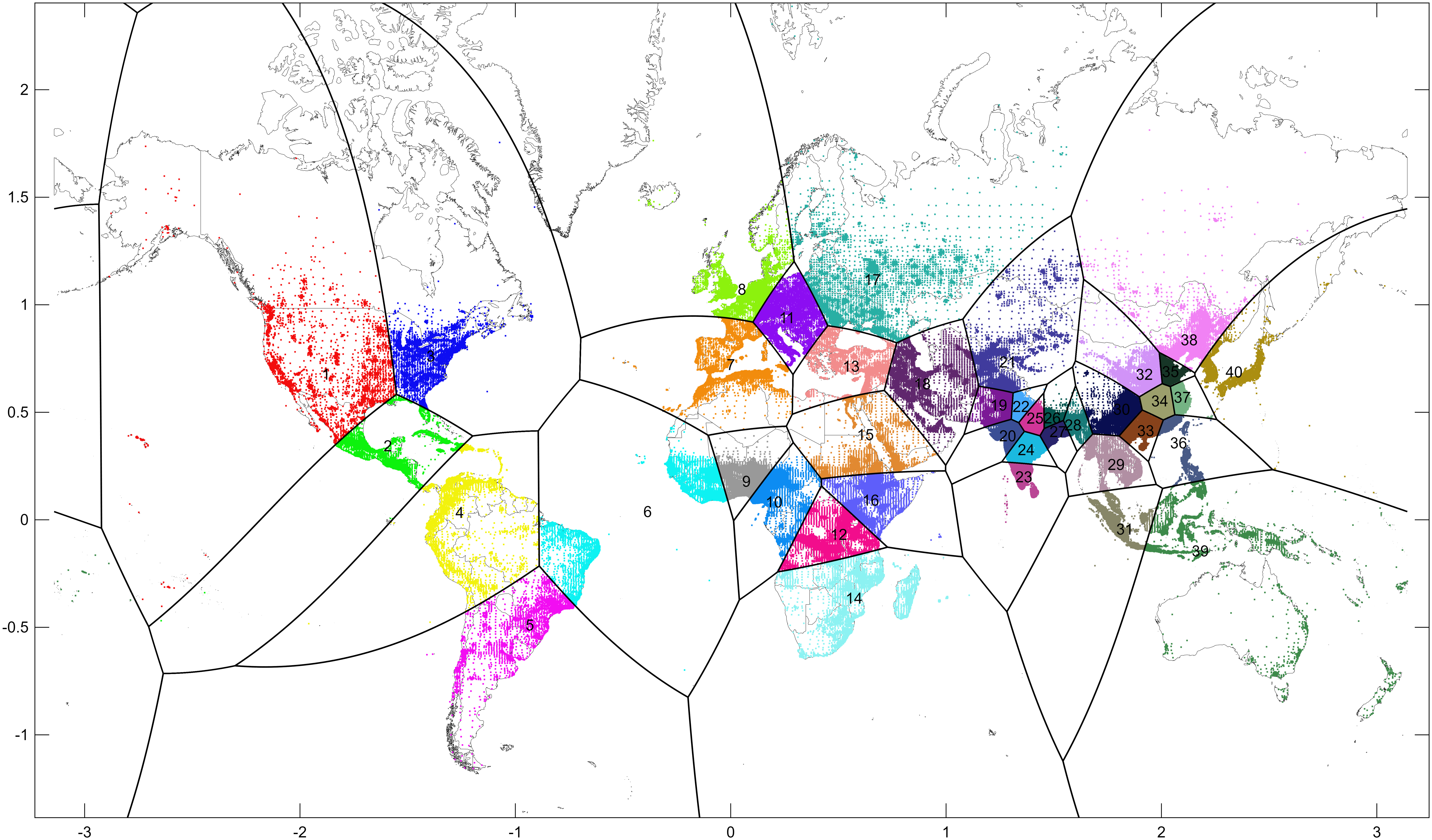 World divided into 40 equal-population convex regions
