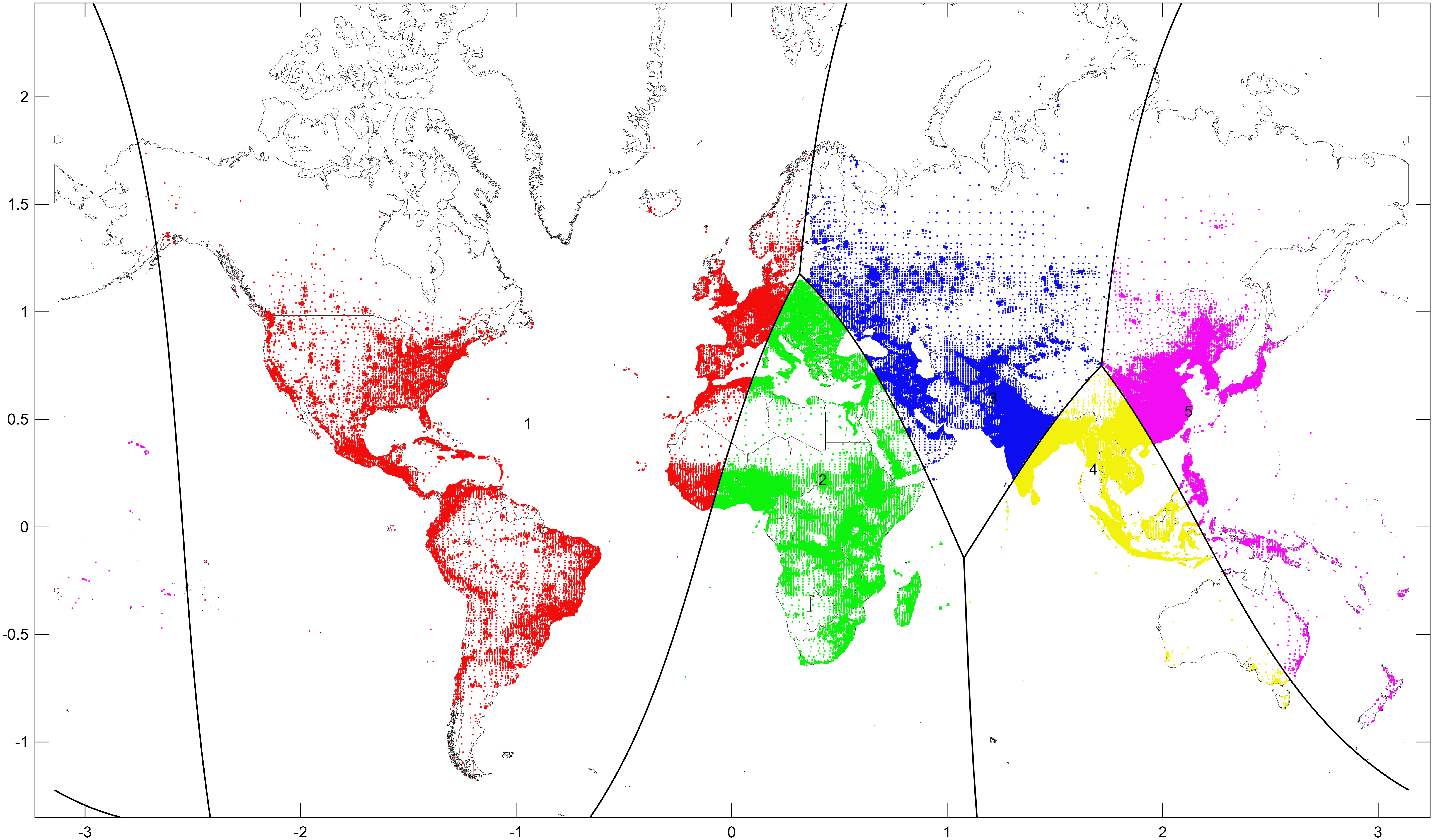 World divided into 5 equal-population convex regions