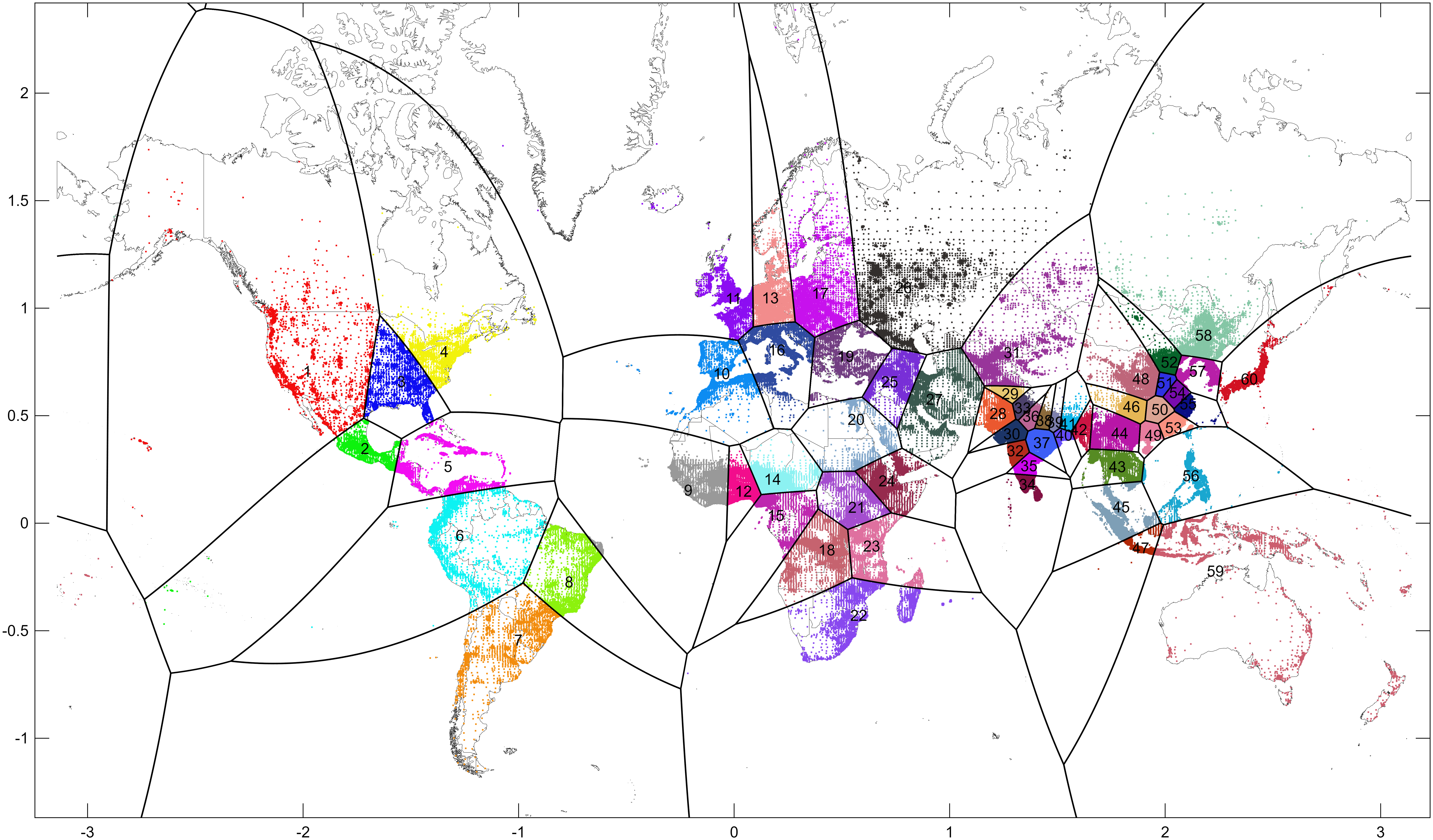 World divided into 60 equal-population convex regions