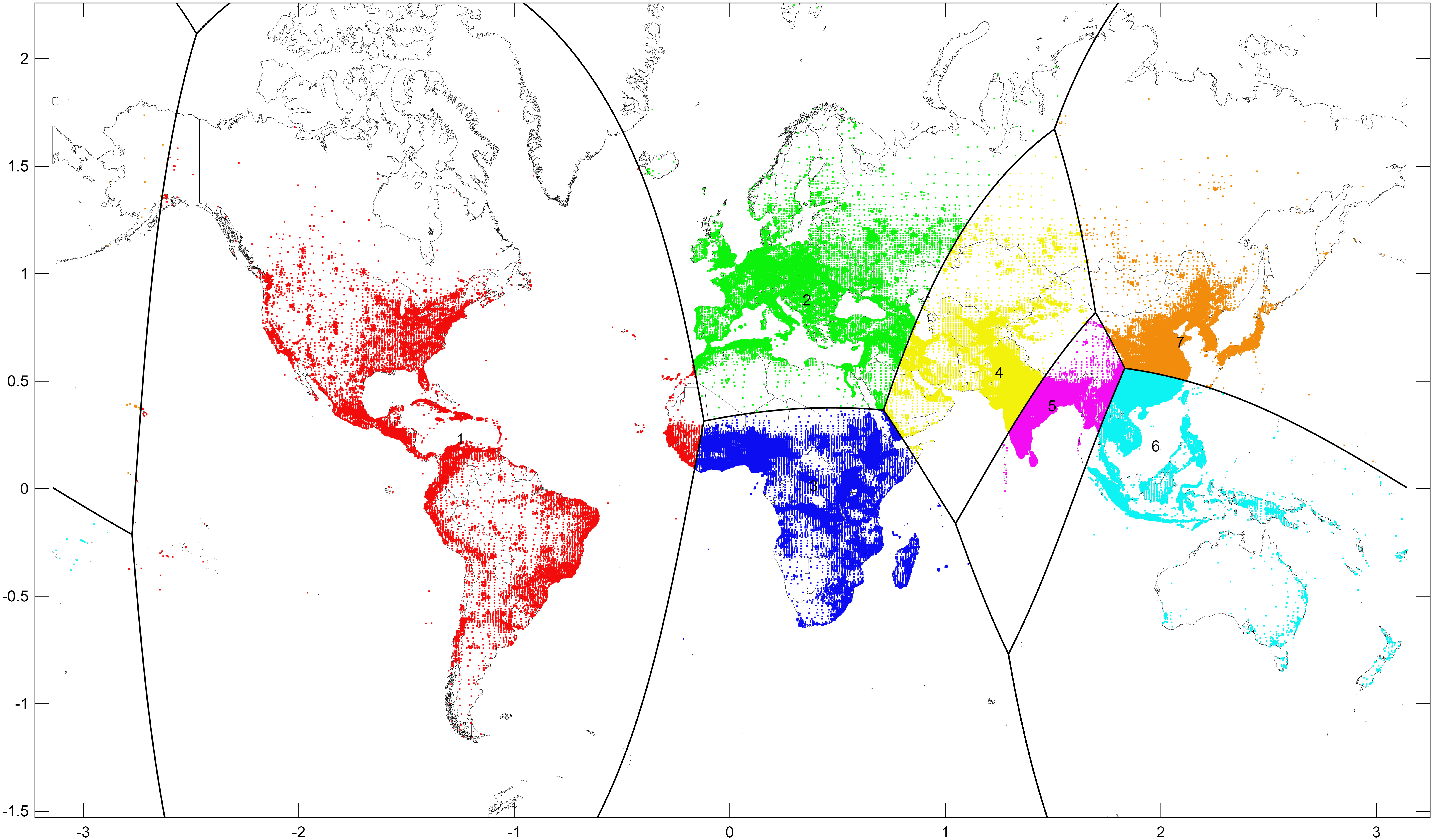 World divided into 7 equal-population convex regions